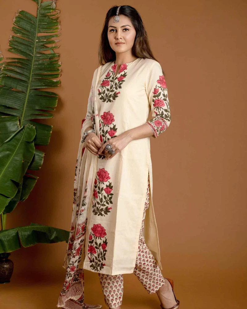 GoSriKi  GoSriKi Women's Rayon Blend Straight Printed Kurta with Pant & Dupatta (ACTUAL-CREAM-GS_M_Cream_Medium) for Women | Best Price UAE